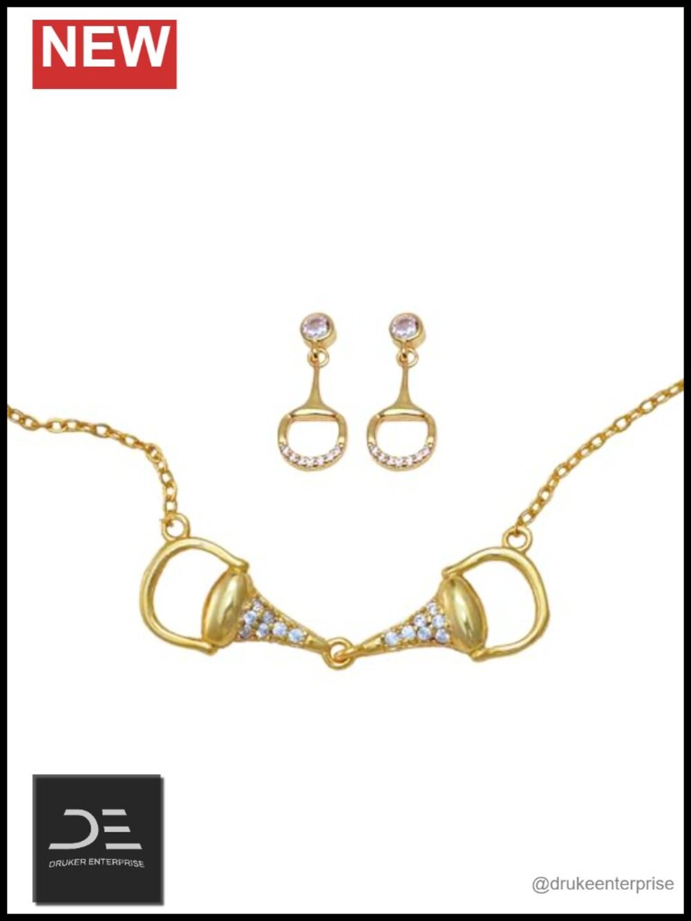 Women's Equestrian Horsebit Gold Plated Sterling Silver Necklace Earring Set w/